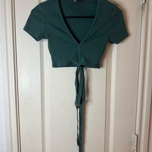 Zara Deep Green Cropped Tie Blouse